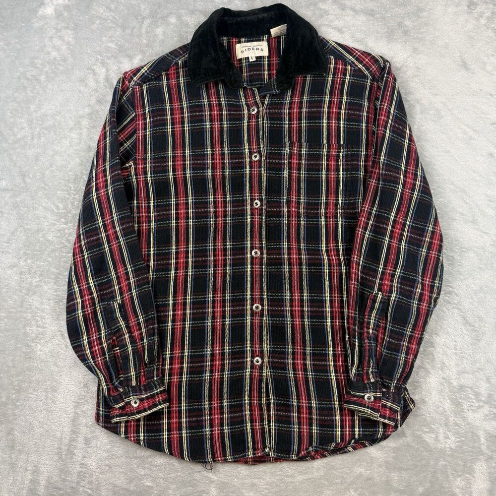 Vintage Riders Women’s Plaid Flannel Shirt Black Red Corduroy Collar Button Up M